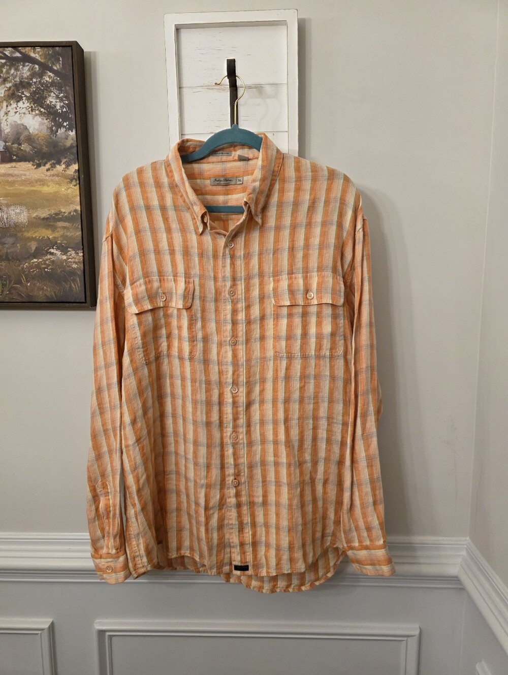 Indigo Palms Irish Linen Orange And White Button Up XL